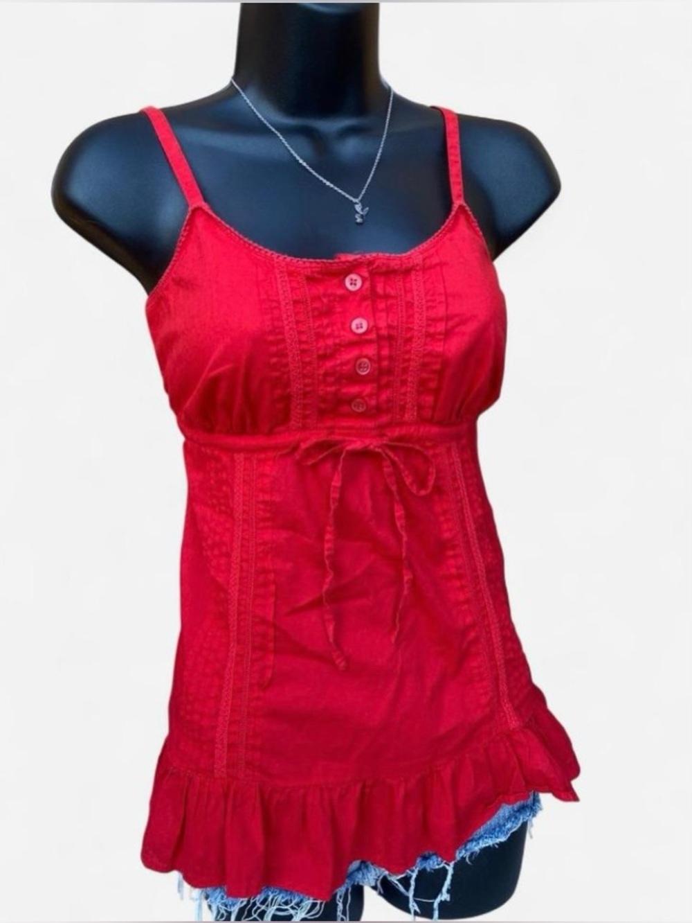 Y2k Red Ruffle Trim Babydoll Top with Button Up Front & Tie Bow